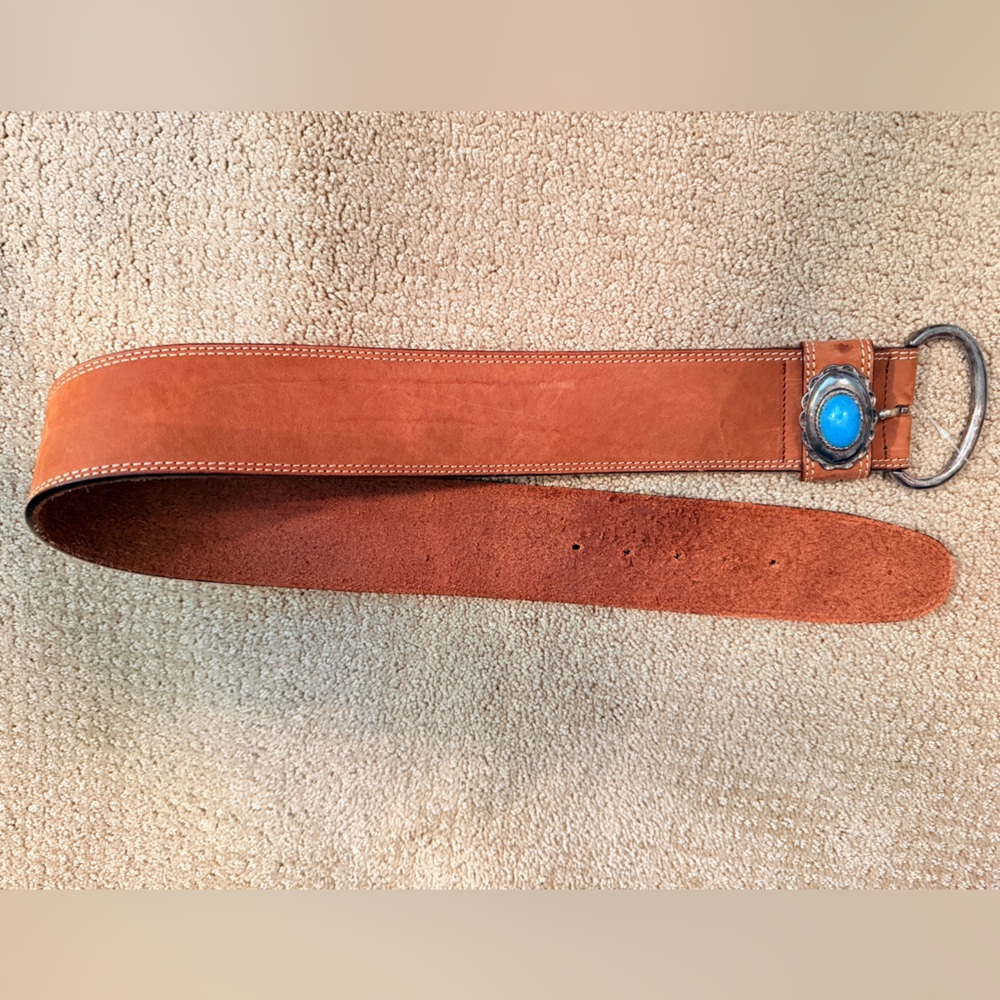 Vintage Genuine Brown Leather Belt with Blue Stone Accent made in Italy ๐ฎ๐น - Picture 3 of 9